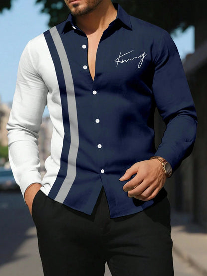 Camisa de hombre nueva, moderna, con estampado de rayas y patchwork; camisa de manga larga, cómoda y transpirable, de estilo informal elegante.