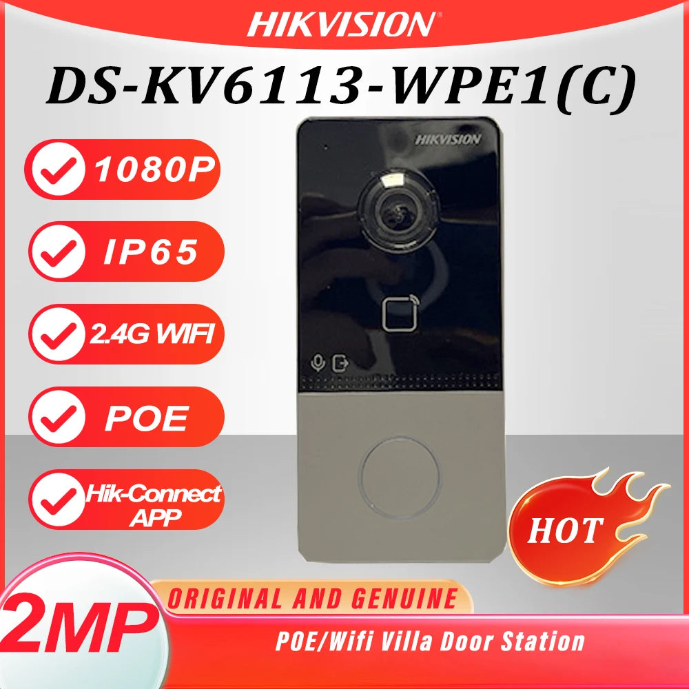 Videoportero IP Hikvision original con cámara de 2 MP, WiFi PoE, estación de puerta para villa, módulo lector de tarjetas integrado, IP65 DS-KV6113-WPE1(C)