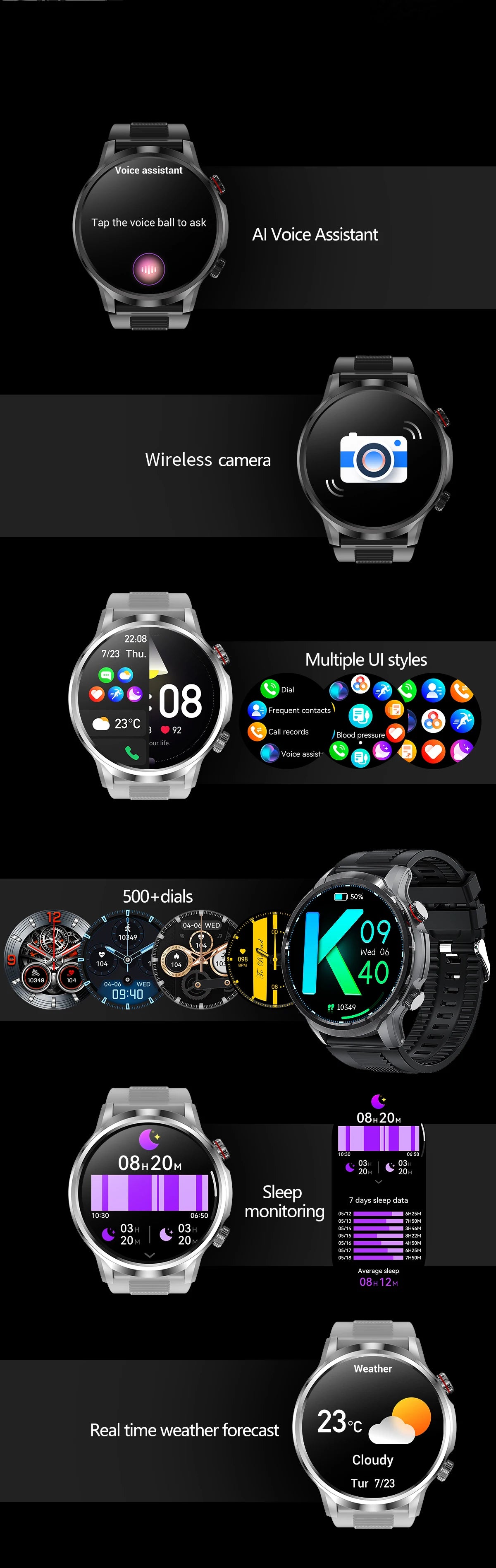Reloj inteligente LIGE de 1,95 pulgadas con pantalla grande Ultra HD para hombre, llamadas Bluetooth, batería de 500 mAh, para deportes al aire libre y fitness, compatible con Android e iOS.