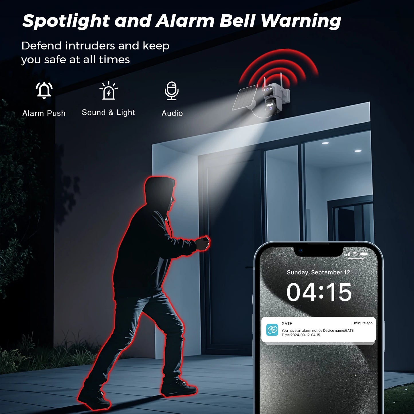 Cámara de seguridad exterior inalámbrica WiFi solar de 10 MP y 5K con doble lente, doble pantalla, seguimiento automático y zoom digital 5X. Incluye doble lente y doble pantalla.