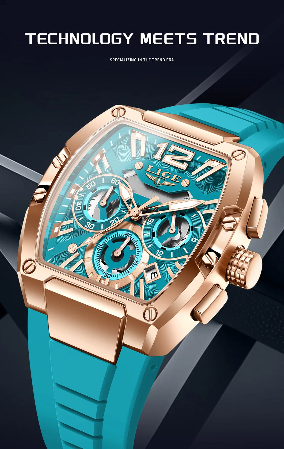 LIGE Reloj de cuarzo sencillo para hombre, correa de silicona, deportivo, informal, para exteriores, calendario, luminoso, resistente al agua, hueco, nuevo