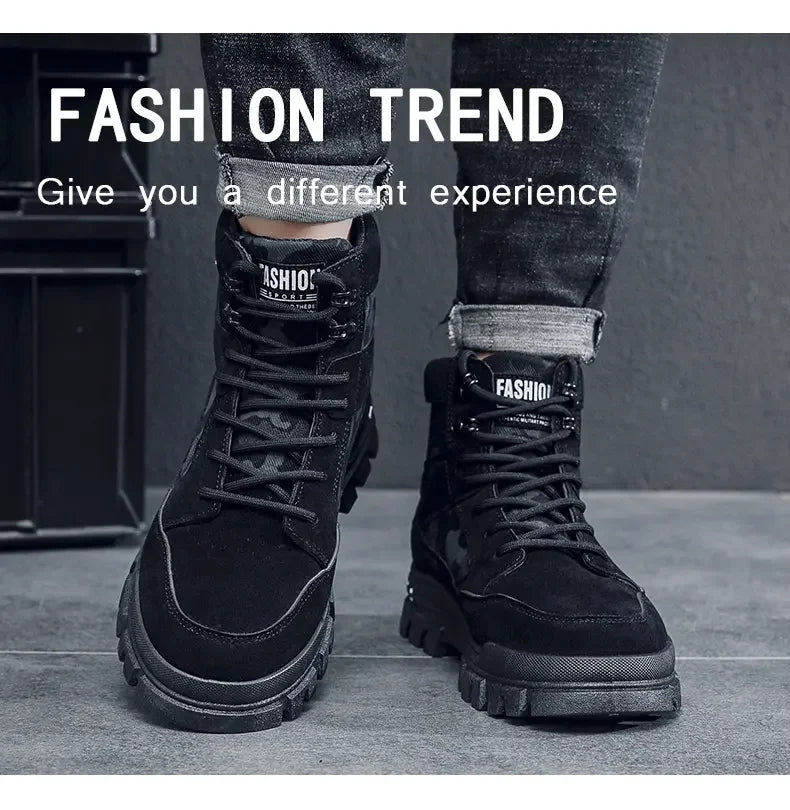 Botas altas para hombre, suela plana, ligeras, para senderismo, exteriores, negras, para correr, tenis, caminar, motocicleta