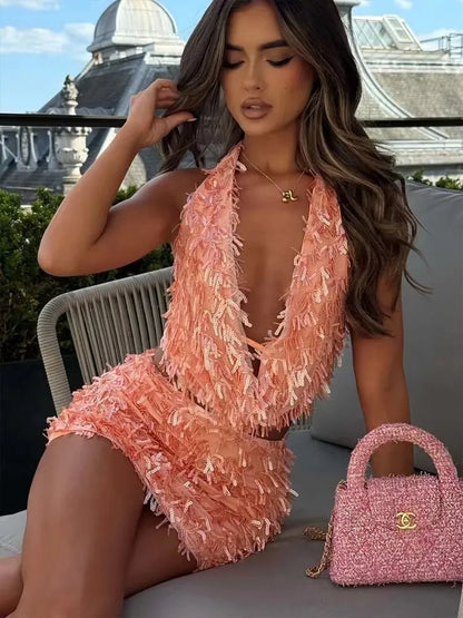 Vestido de fiesta sexy para mujer, estilo discoteca, con lentejuelas florales, tipo pueblo, tirantes finos, mini, primavera/verano 2025, vestido ajustado y entallado.