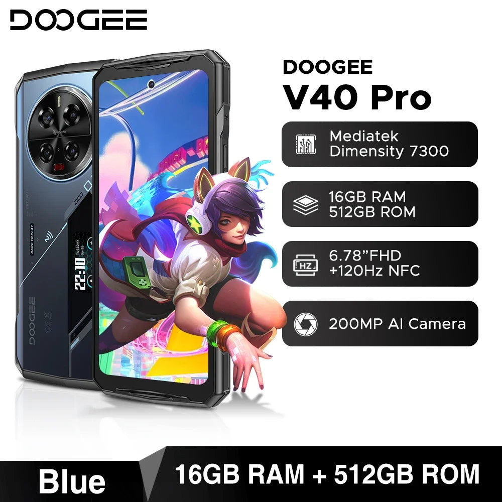 Teléfono robusto DOOGEE V40 Pro 5G versión global, pantalla de 6,78", 16 GB + 512 GB, dimensiones 7300, cámara con IA de 200 MP, 8680 mAh, cargador rápido de 33 W.