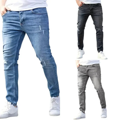 Pantalones vaqueros elásticos de corte ajustado para hombre, estilo urbano clásico informal, con cremallera, de mezclilla, de diseñador, en negro y azul.