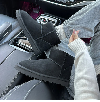 Botas de nieve integradas de piel de oveja y lana para hombres y mujeres, cuero auténtico y piel, botas de invierno gruesas y cálidas para mujer.