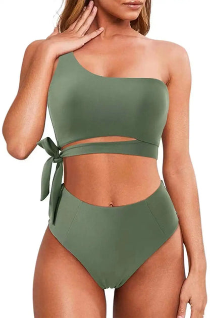 Bikini de un solo hombro para mujer, traje de baño dividido, color liso, traje de baño de playa de verano, traje de baño para mujer