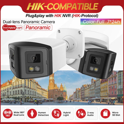 Cámara panorámica de doble luz de 4 MP y 8 MP con PoE, micrófono y altavoz integrados, detección humana, visión nocturna a color y sistema de vigilancia compatible con Hikvision.