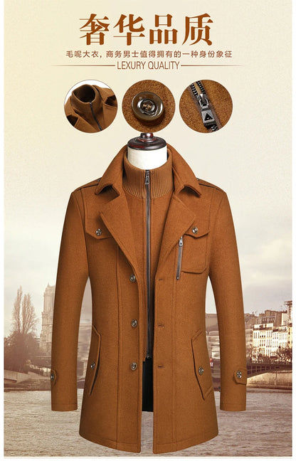 Abrigo de lana de doble cuello para hombre, elegante y moderno, ideal para otoño e invierno, estilo ejecutivo. Alta calidad. Abrigo de lana de moda para hombre de mediana edad.