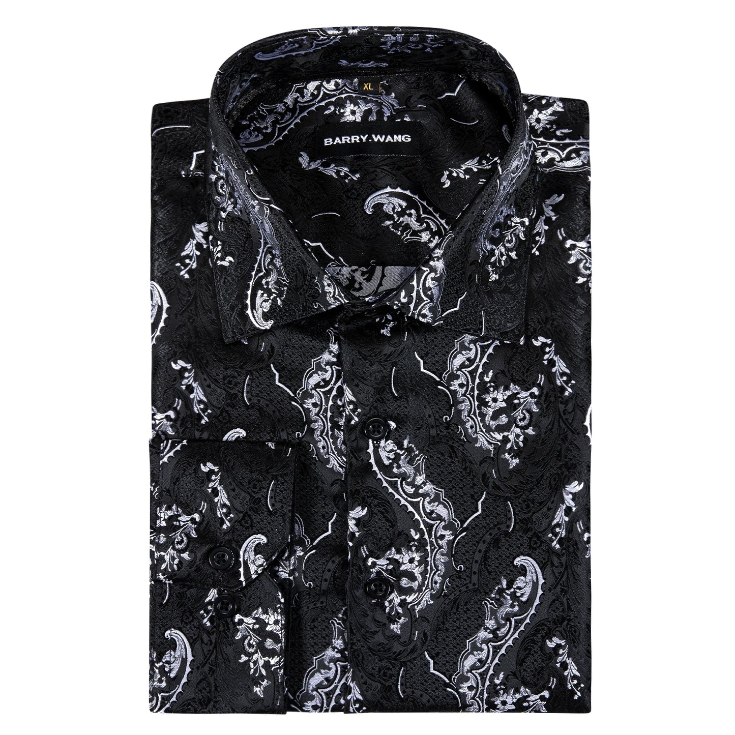 Camisas clásicas negras estampadas y bordadas para hombre, solapa de seda, manga larga, corte formal exquisito, ideales para eventos de negocios y fiestas. Barry.Wang CY-0407