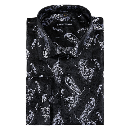 Camisas clásicas negras estampadas y bordadas para hombre, solapa de seda, manga larga, corte formal exquisito, ideales para eventos de negocios y fiestas. Barry.Wang CY-0407