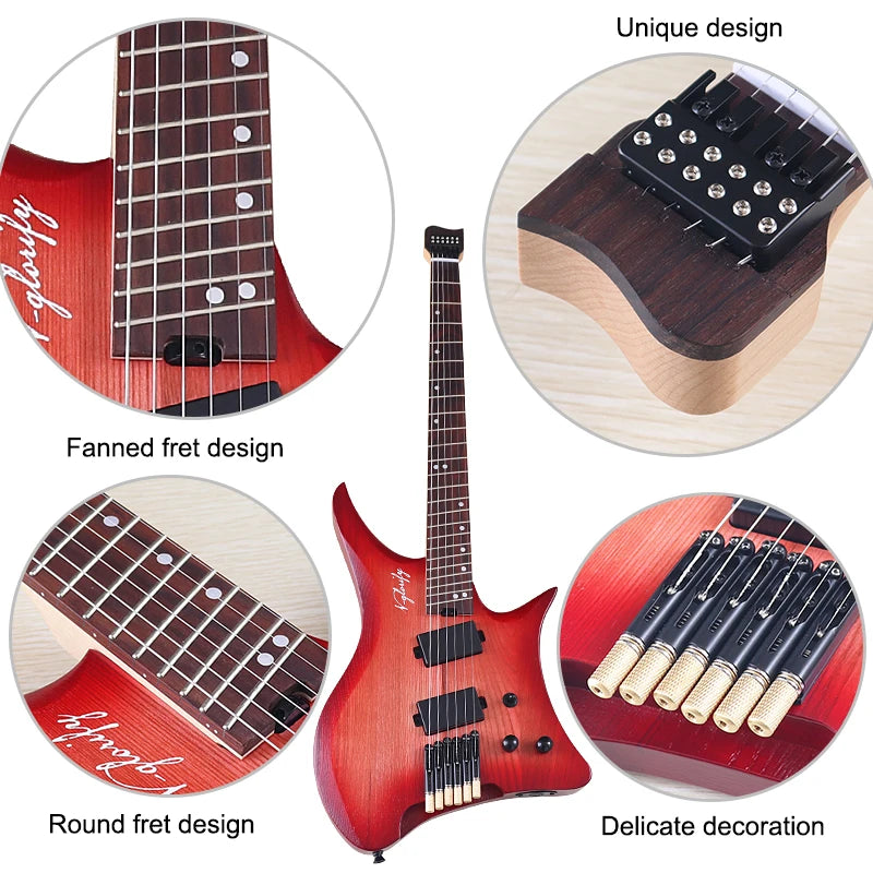Mini guitarra eléctrica de 6 cuerdas sin pala, 30 pulgadas, cuerpo de madera maciza de paulownia, mástil de arce.