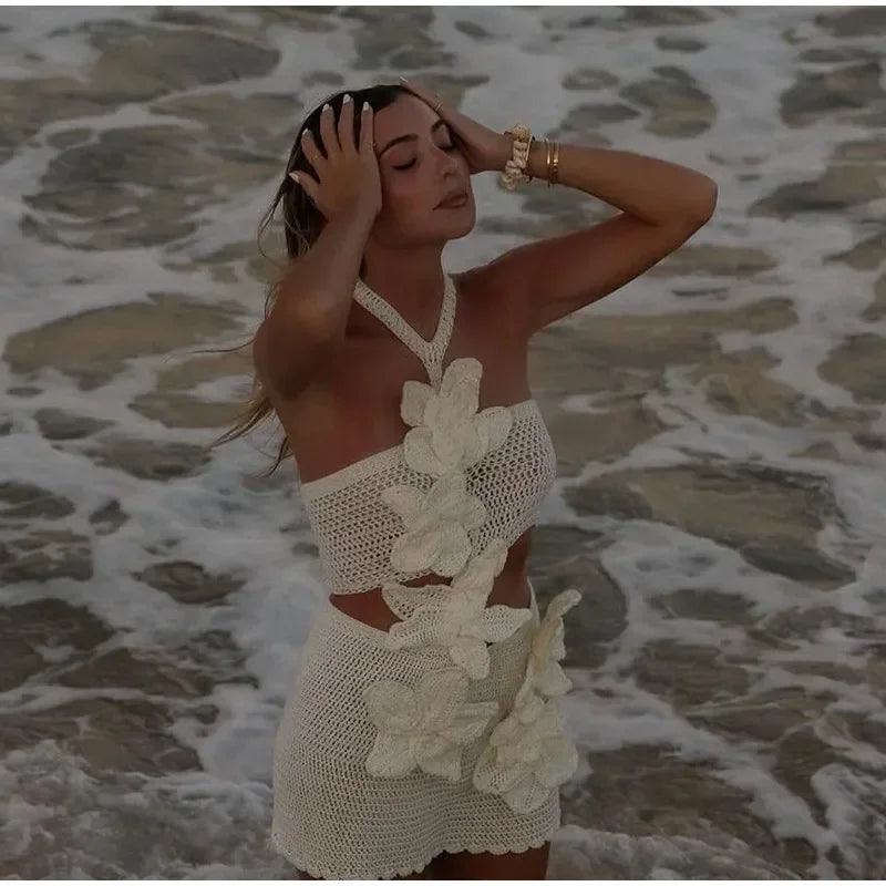 Vestido largo de punto con cuello halter y estampado floral, sexy, sin mangas y con espalda descubierta, estilo maxi, colección 2024. Ideal para la playa y las vacaciones.