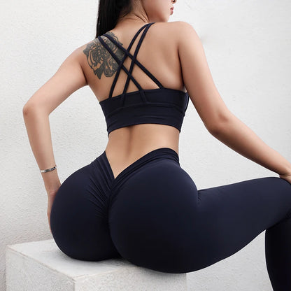 SOISOU Conjunto de yoga de nailon para mujer, chándal deportivo, leggings de gimnasio, sujetador para mujer, almohadilla para el pecho, cadera extraíble en forma de V, ropa para mujer