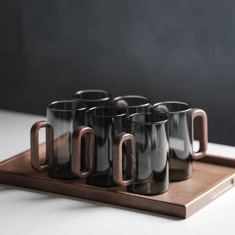 Tazas de té de vidrio de borosilicato de 360 ml, resistentes al calor, transparentes, con mango de madera, para agua potable, para el hogar y la oficina.