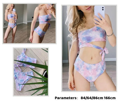 Bikini de un solo hombro para mujer, traje de baño dividido, color liso, traje de baño de playa de verano, traje de baño para mujer