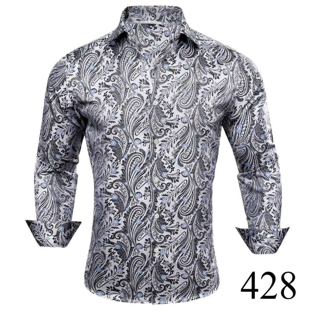 Camisas clásicas negras estampadas y bordadas para hombre, solapa de seda, manga larga, corte formal exquisito, ideales para eventos de negocios y fiestas. Barry.Wang CY-0407