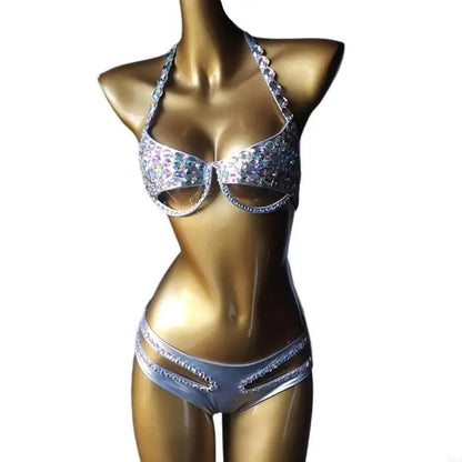 Sparkling Rhinestones Swimsuit for Women Padded Bathing Suit Halterneck Swimsuit