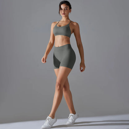 Conjunto deportivo de yoga, mallas de gimnasio de secado rápido, tirantes cruzados con absorción de impactos, pantalones cortos de ciclismo para mujer, entrenamiento de yoga.