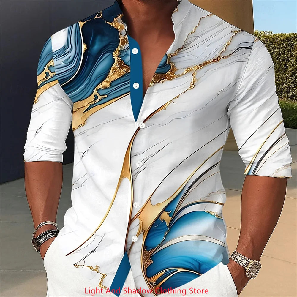Camisa de hombre con estampado abstracto de mármol y arte líquido. Camisa de cuello alto, manga larga, estilo casual, cómoda para el día a día, vacaciones y fiestas.