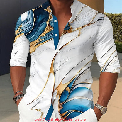 Camisa de hombre con estampado abstracto de mármol y arte líquido. Camisa de cuello alto, manga larga, estilo casual, cómoda para el día a día, vacaciones y fiestas.