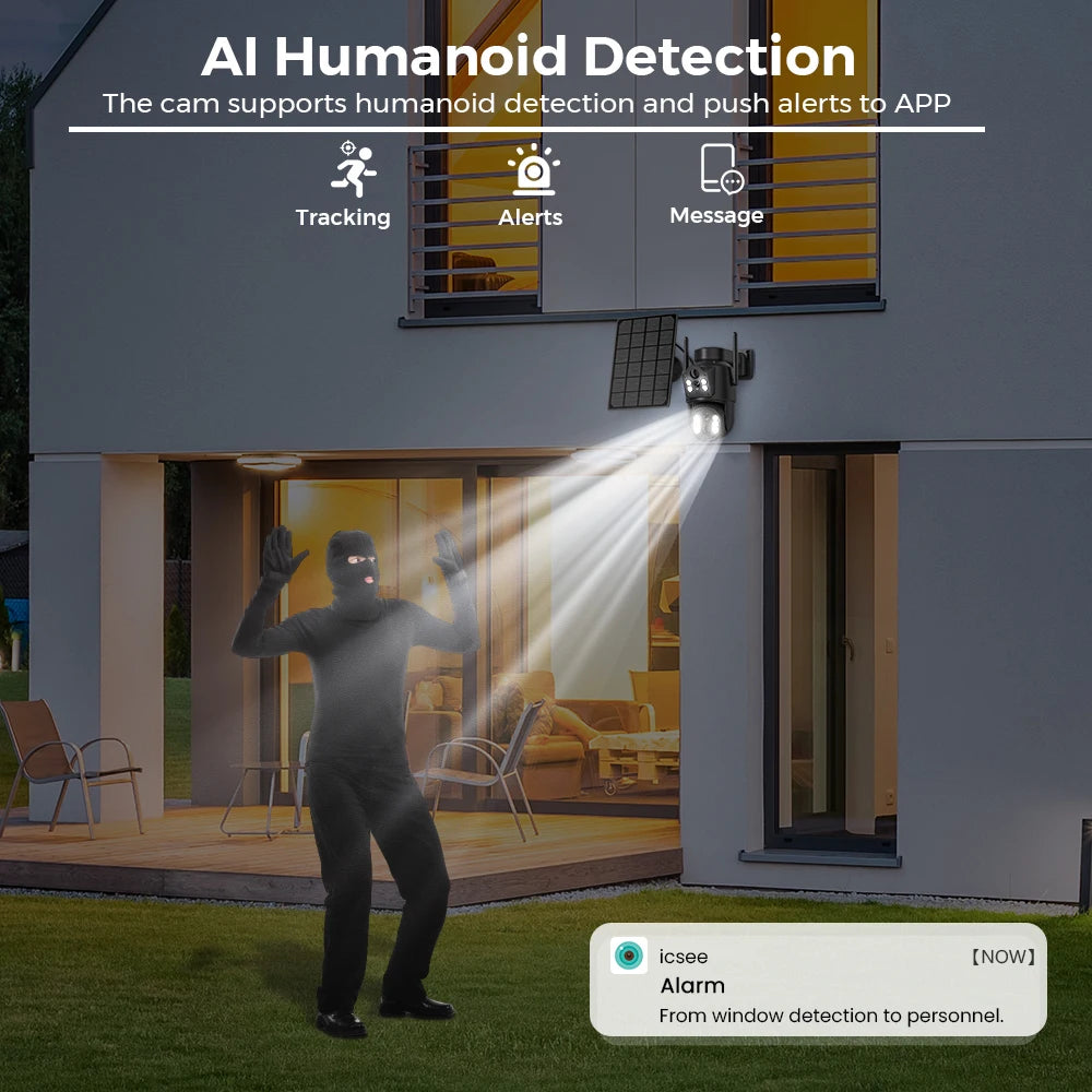 Cámara WiFi solar 4K HD para exteriores con batería integrada, doble lente, batería recargable, detección humana PIR, videovigilancia PTZ iCSee