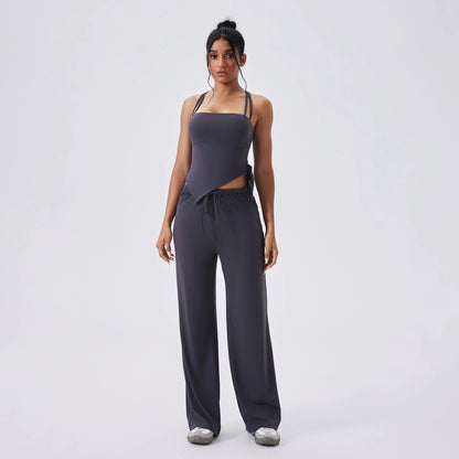 Conjunto de yoga de 2 piezas para mujer, camisetas deportivas con lazo lateral, top corto de entrenamiento, conjunto de fitness, leggings de cintura alta para correr y gimnasio