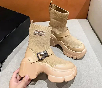 Botines de plataforma alta de 8 cm para mujer, botas cortas con suela gruesa y suela gruesa, antideslizantes, para motocicleta, para otoño