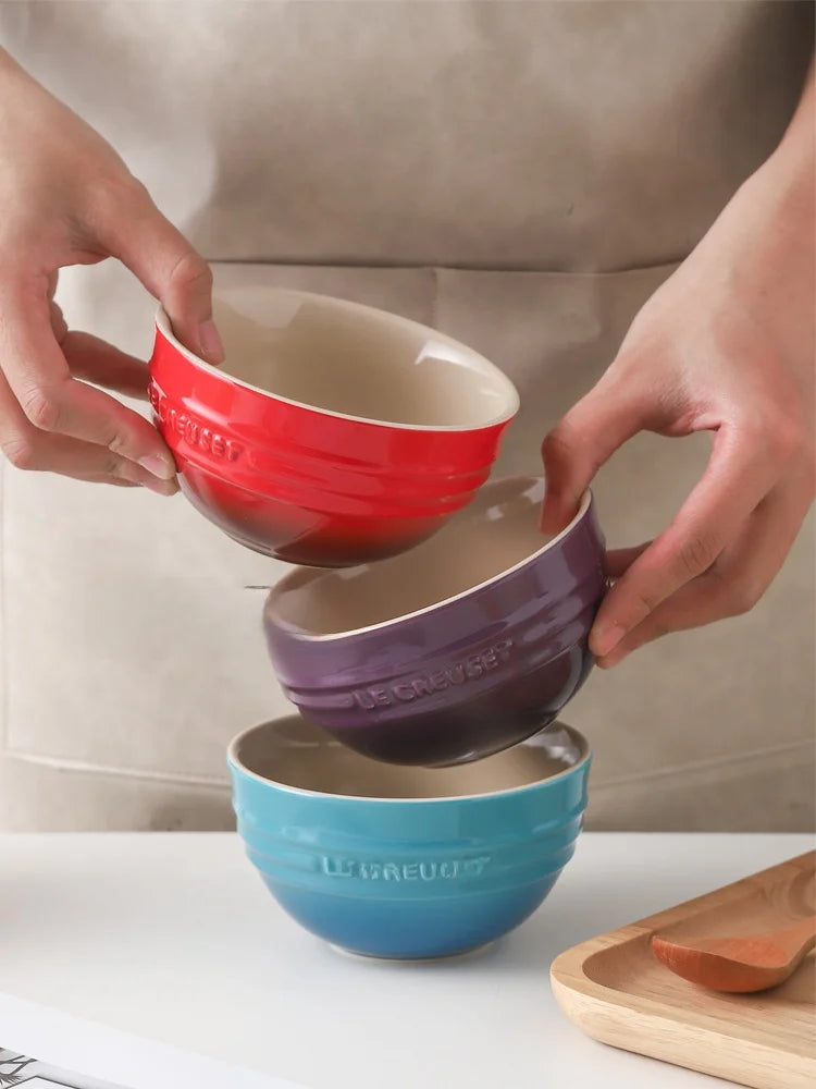 Cuenco de porcelana esmaltada de colores fríos Le Creuset, cuenco de arroz, cuenco para sopa con cara de arcoíris, cuenco francés con diseño de mono redondo para uso doméstico