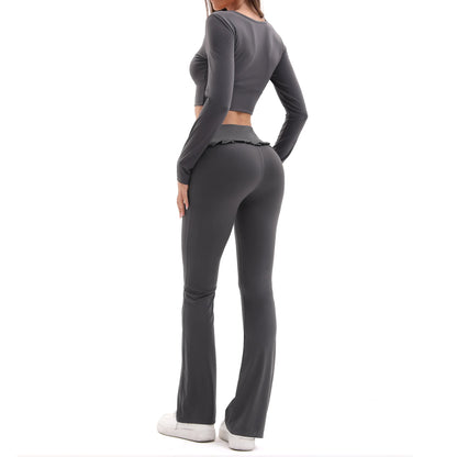 Conjunto de Yoga de 2 Piezas con Volantes para Mujer, Cintura Alta, Control de Abdomen, Pantalones Acampanados, Top de Manga Larga, Ropa Deportiva para Gimnasio, Correr, Clásico, Gris Oscuro