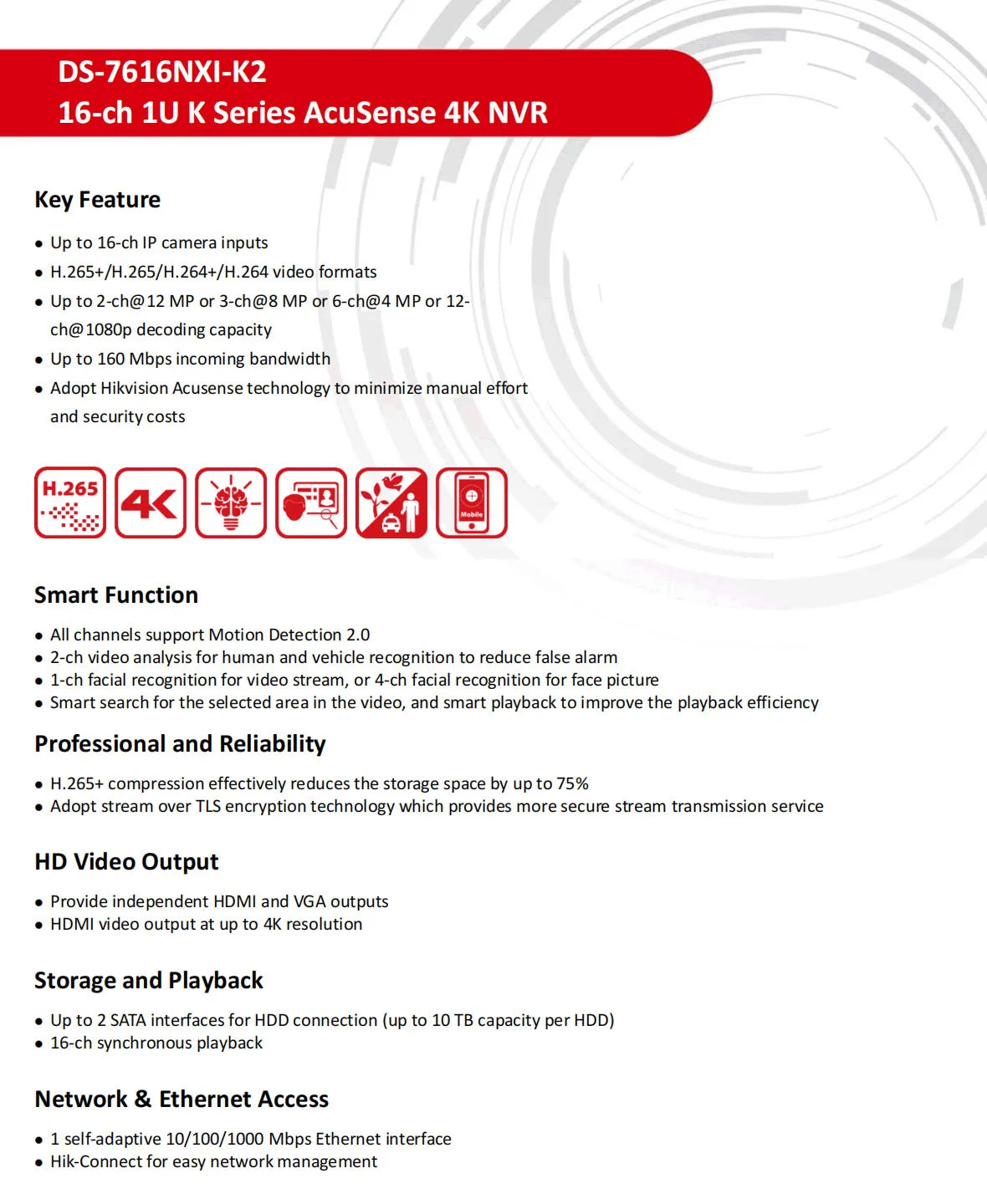 Grabador de vídeo en red (NVR) AcuSense DS-7632NXI-K2 de 8/16/32 canales 4K H.265+ 2SATA Hikvision DS-7608NXI-K2 y DS-7616NXI-K2