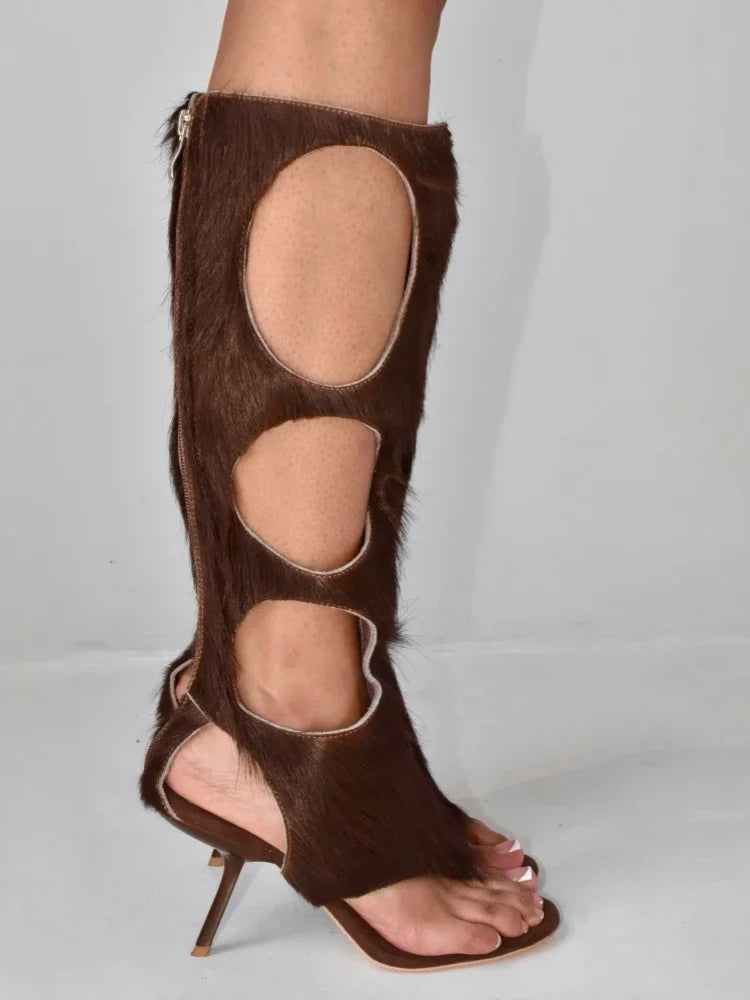 Botas de lujo para mujer (2025) | Tacón de aguja recortado con crin de caballo auténtica y cremallera trasera | Zapatos de vestir para fiestas de noche y club