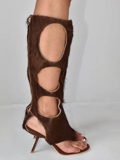 Botas de lujo para mujer (2025) | Tacón de aguja recortado con crin de caballo auténtica y cremallera trasera | Zapatos de vestir para fiestas de noche y club