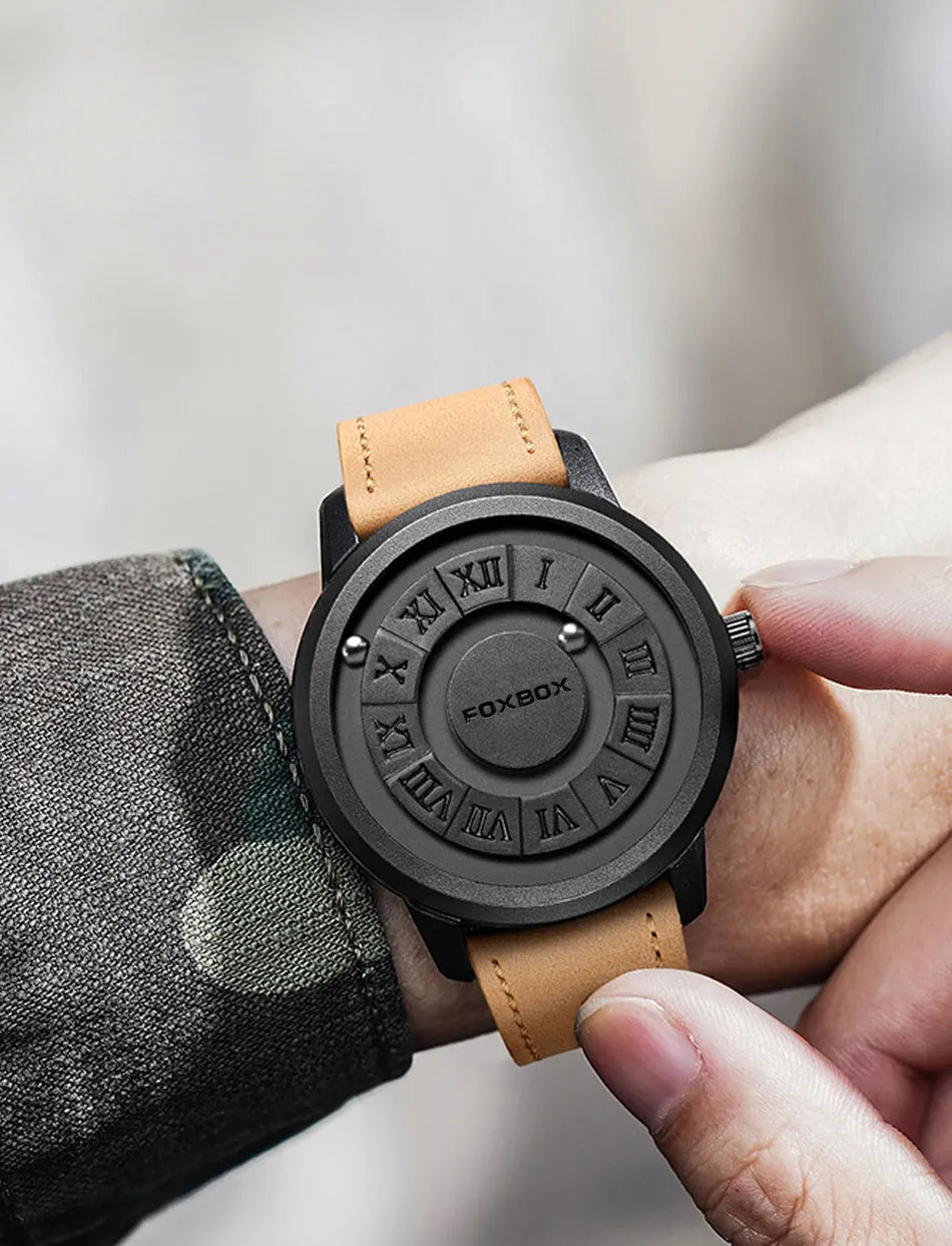Relojes FOXBOX para hombre, marca de lujo, de cuero, resistente al agua, reloj de pulsera de cuarzo con puntero de desplazamiento y fuerza magnética.