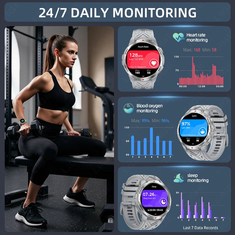 Reloj inteligente deportivo para exteriores para hombre, con batería grande de 1100 mAh, brújula, linterna LED, control del ritmo cardíaco, compatible con Android e iOS.