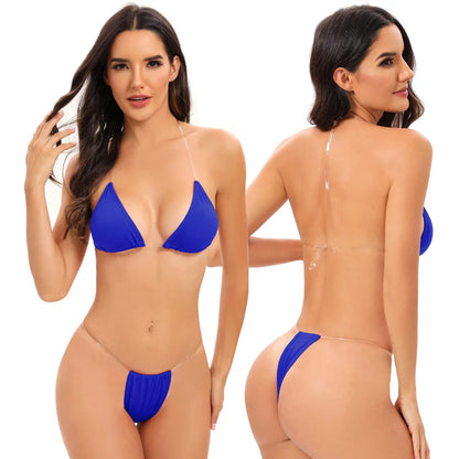 Traje de baño para mujer, bikini sexy transparente con tirantes triangulares, tanga de dos piezas, color sólido, ropa de playa, traje de baño para spa
