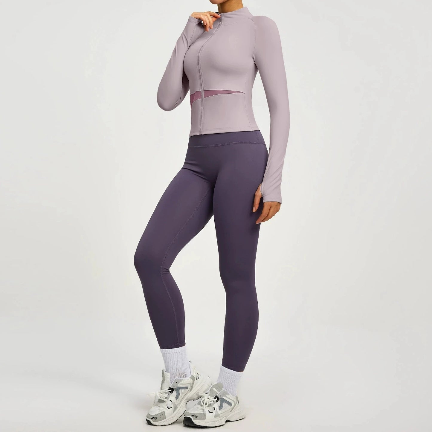 Conjuntos de yoga con contraste de colores para mujer, chaqueta deportiva de manga larga sin costuras con cremallera, leggings adelgazantes de cintura alta, chándal de fitness