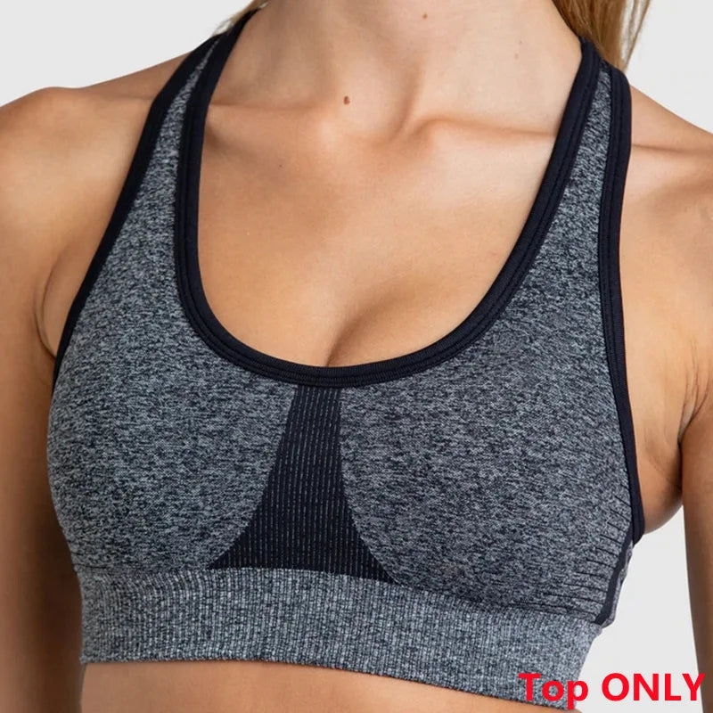 Conjuntos de ropa deportiva de media pieza sin costuras para mujer, conjuntos de gimnasio de manga larga, sujetador deportivo de yoga, leggings push up y mallas deportivas.