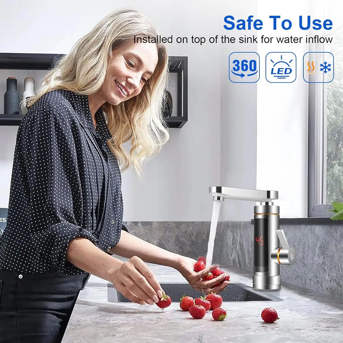 Grifo calentador eléctrico instantáneo sin tanque, con pantalla LCD de temperatura y mezcla de 360°.