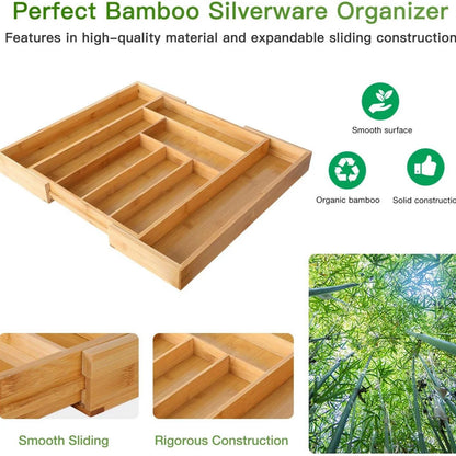 Organizador de cajones de bambú ajustable y expandible para cocina, dormitorio o sala de estar. Ideal para organizar cubiertos, cubiertos y cuchillos.