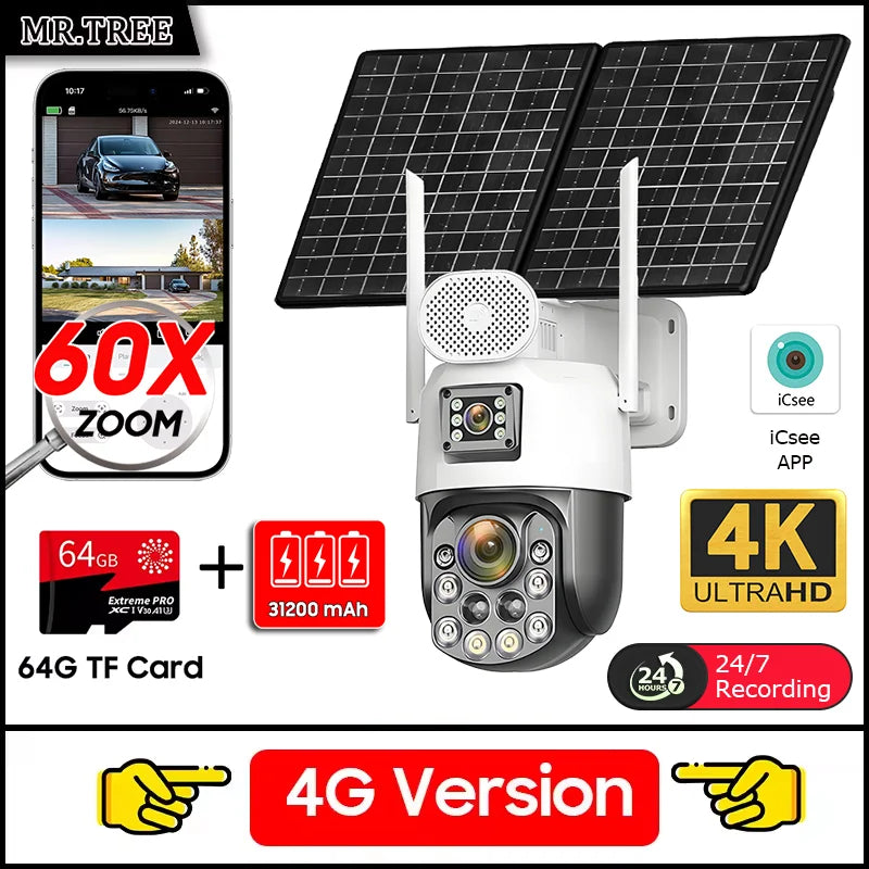 Cámara de seguridad exterior solar 4K con SIM 4G, 2 lentes/pantalla, zoom óptico 60x, seguimiento automático, PTZ 360°, videovigilancia doméstica IP.