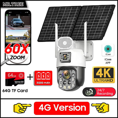 Cámara de seguridad exterior solar 4K con SIM 4G, 2 lentes/pantalla, zoom óptico 60x, seguimiento automático, PTZ 360°, videovigilancia doméstica IP.