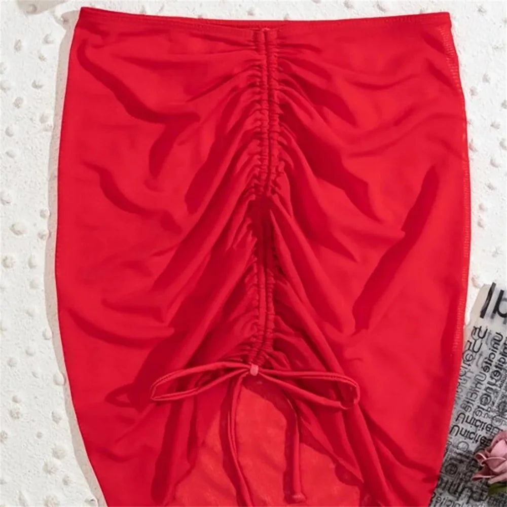 Traje de baño sexy translúcido, falda de playa, falda de gasa para vacaciones en la playa, falda con volantes, falda de malla con cordón ajustable, ropa de playa sólida, falda a la cadera