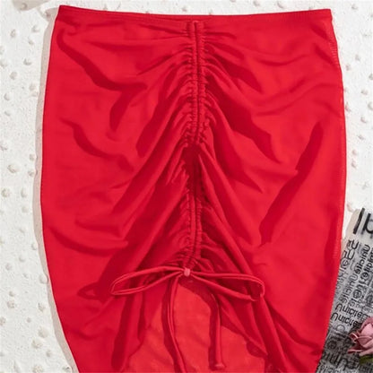 Traje de baño sexy translúcido, falda de playa, falda de gasa para vacaciones en la playa, falda con volantes, falda de malla con cordón ajustable, ropa de playa sólida, falda a la cadera