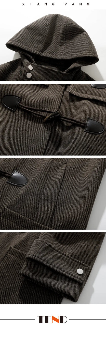 Autumn Men Thick Hooded Trench Coat Men Korean Wool Blends Overcoat Men Casual Horn Button Woollen Coat Black Warm Loose Coat