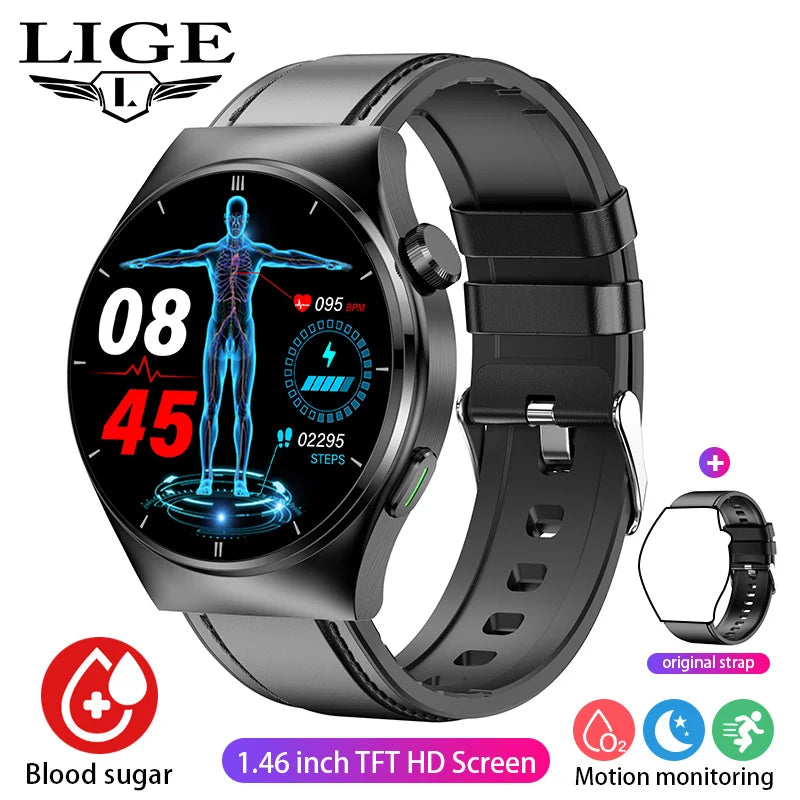 LIGE - Reloj inteligente para hombre de 1,46 pulgadas con terapia láser, control de lípidos, ácido úrico, VFC, llamadas, temperatura, deportivo y bienestar