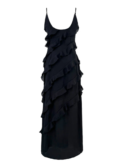 Vestido largo de gasa con volantes para mujer, estilo maxi, con espalda descubierta y abertura, ideal para fiestas de graduación, bodas y eventos de verano. Vestido largo y elegante.