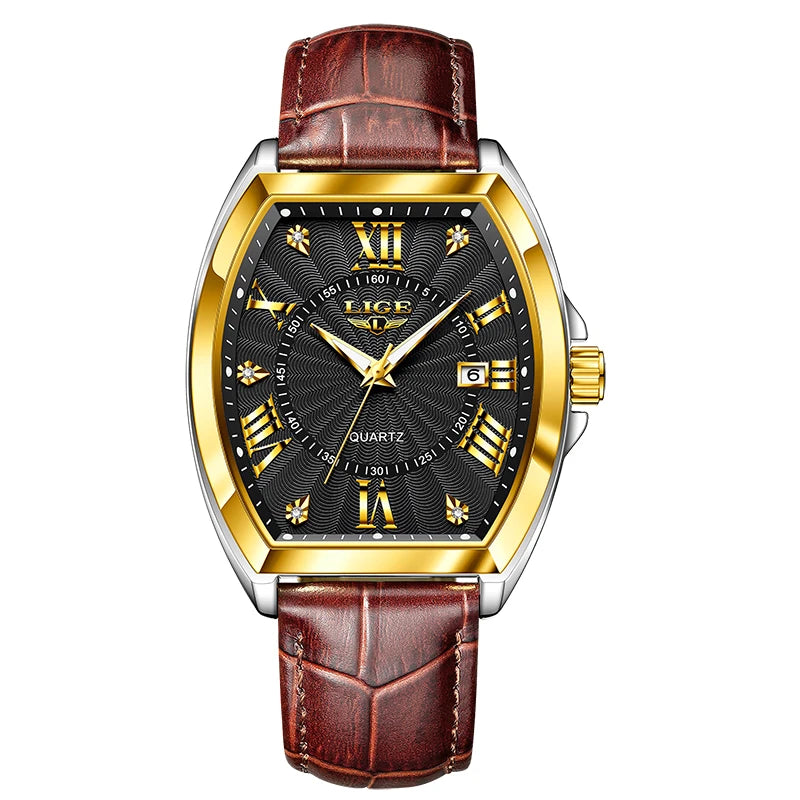 LIGE - Nuevos relojes militares para hombre, marca original de lujo, de cuero, de cuarzo, cronógrafo cuadrado resistente al agua