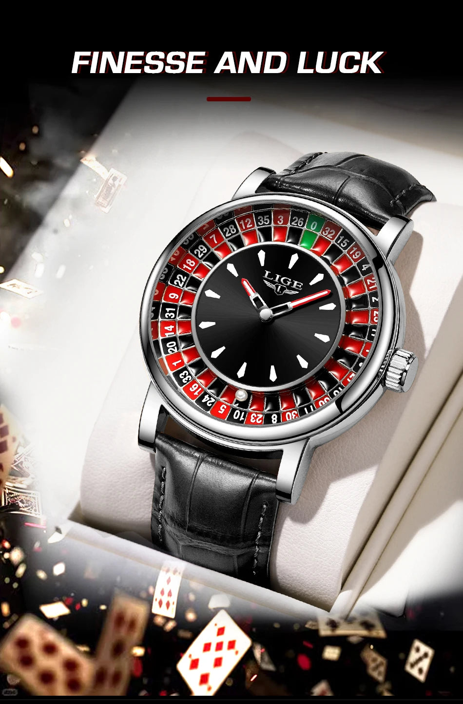 Reloj de Cuarzo LIGE para Hombre, Moda, Lujo, Diseño Creativo de Ruleta, Esfera de Juego, Correa de Cuero, Casual, Resistente al Agua, Regalo + Caja