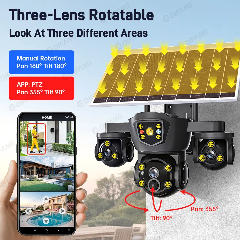 Cámara solar inalámbrica WiFi DIFANG V380 Pro para exteriores con tres pantallas, tarjeta SIM 4G y batería. Sistema de videovigilancia solar con tres lentes y batería.